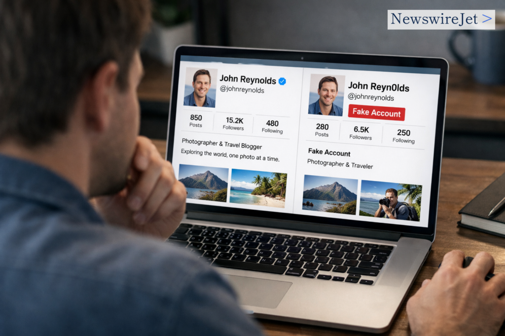 Man discovering a social media impersonation profile on his laptop
