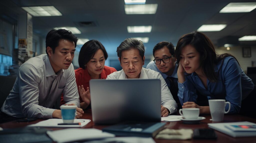Concerned team huddled around a laptop in an office responding to diverse company crisis examples together