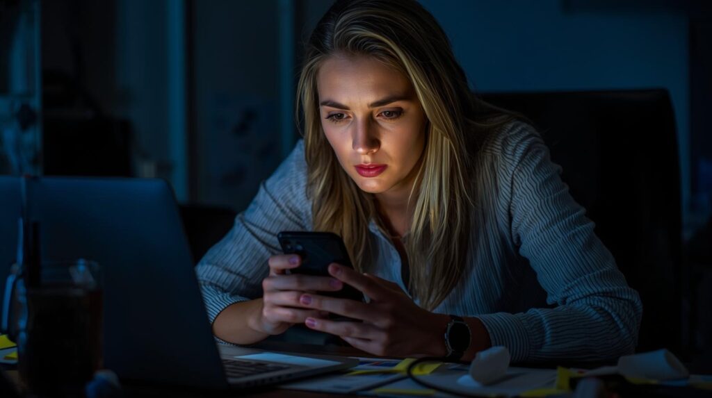 Worried woman checking phone late at night monitoring successful vs. unsuccessful crisis responses on social media