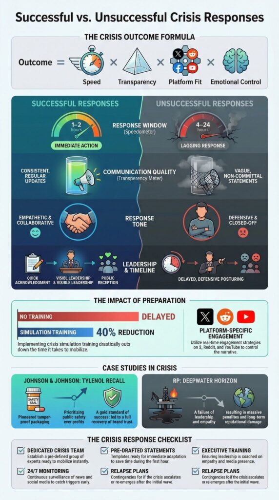 Infographic comparing successful vs. unsuccessful crisis responses using speed transparency and leadership metrics