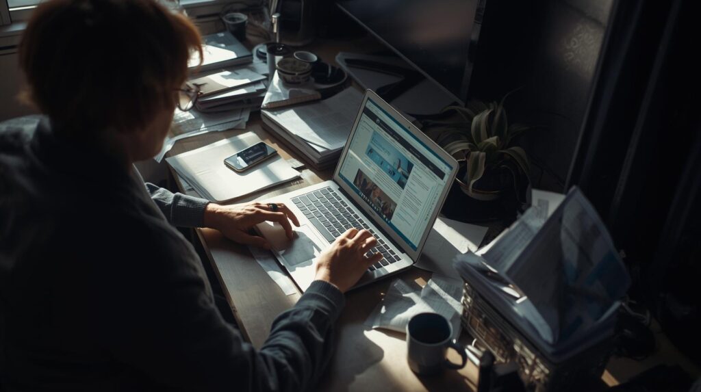 Person browsing a website on a laptop at a cluttered sunlit desk implementing strategies for ongoing reputation care