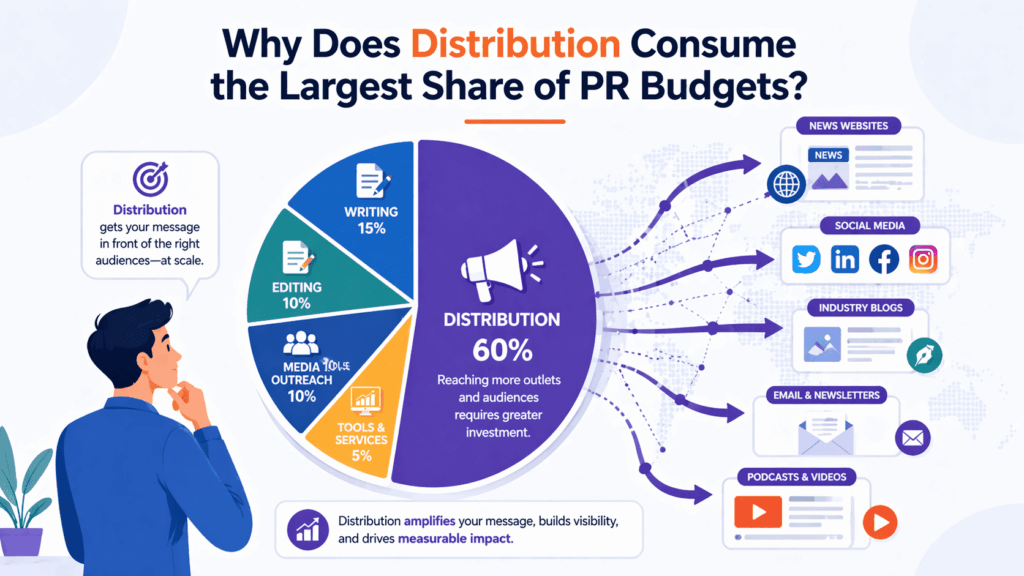 An infographic showing typical costs of pr for startups, with distribution taking 60% of the PR budget pie.