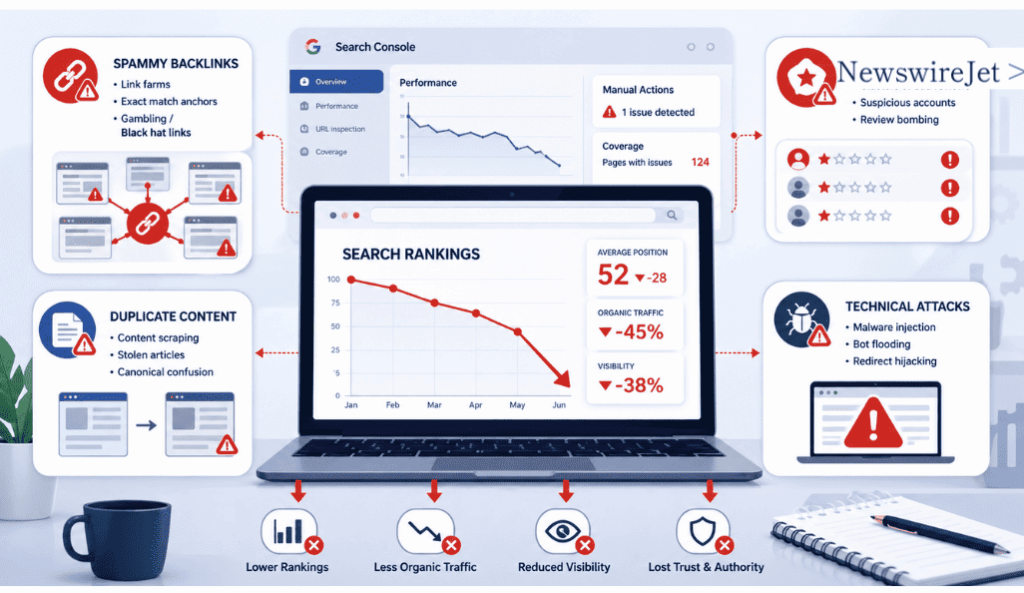 A dashboard showing how negative SEO tactics like spammy backlinks and fake reviews cause ranking drops and traffic loss.
