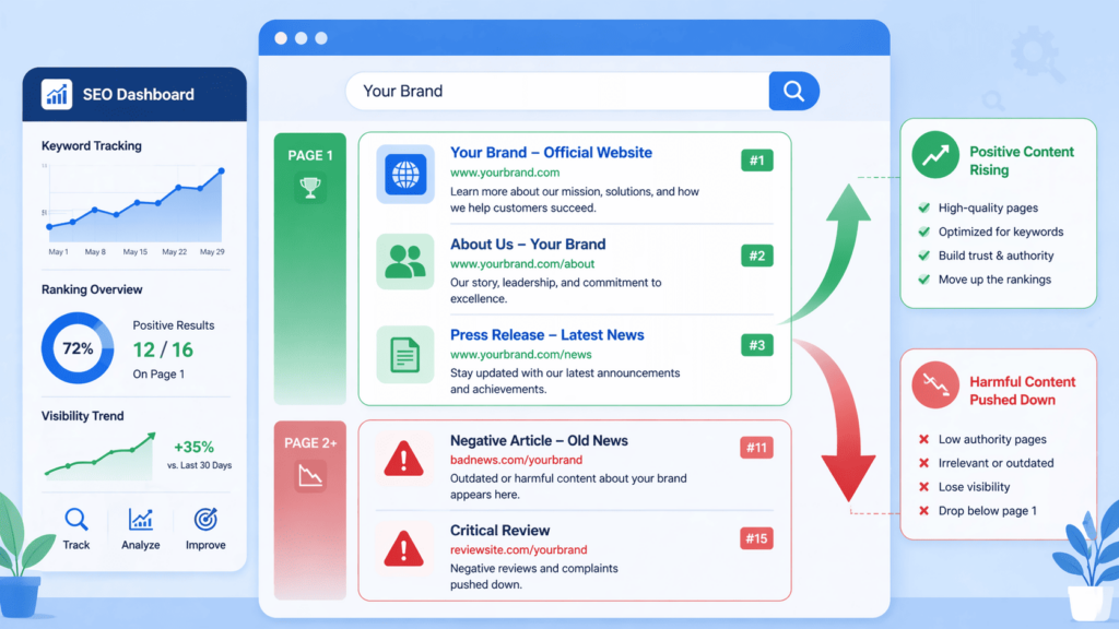 SEO dashboard showing positive content rising and suppressing harmful press with SEO pushing negative results down 