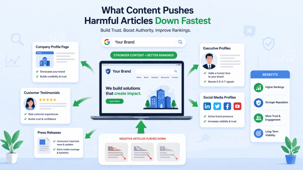 Content types like press releases and testimonials used for suppressing harmful press with SEO to boost rankings 