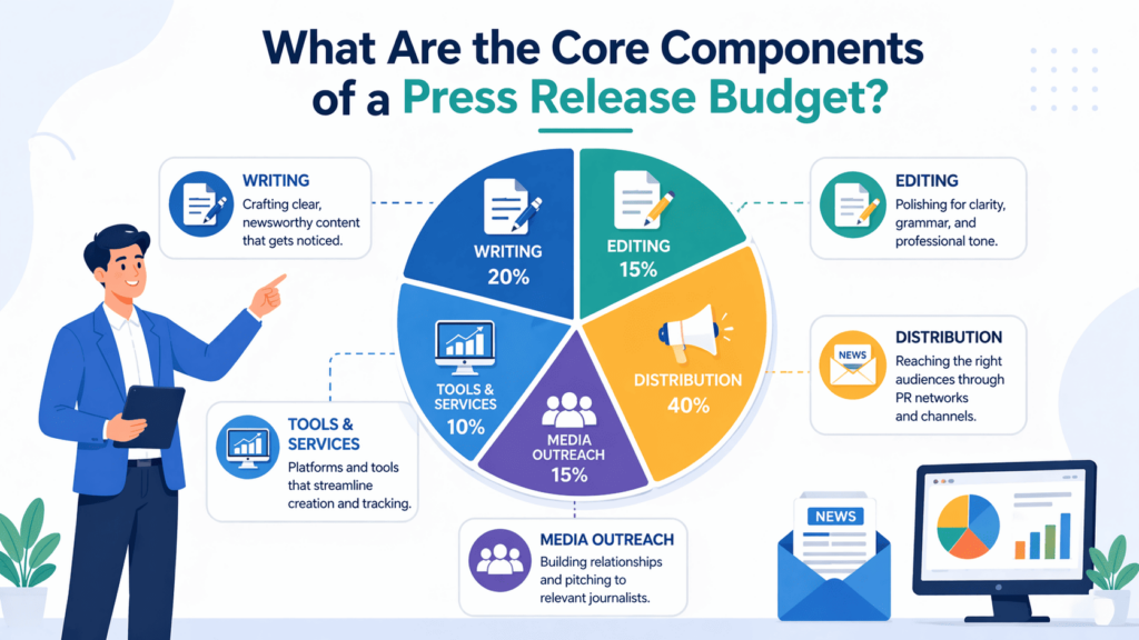 A professional presents typical costs of pr for startups through a pie chart of core press release budget components. 