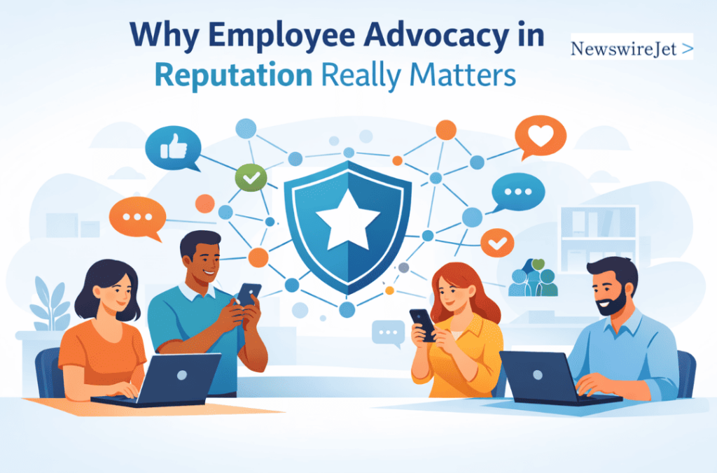 Diverse team demonstrating employee advocacy in reputation management through connected social media engagement.