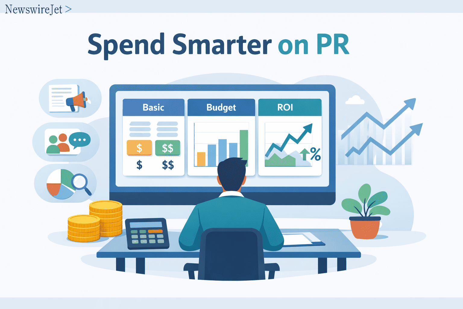 PR Pricing & Budgeting dashboard showing Basic, Budget, and ROI plans on a computer screen 