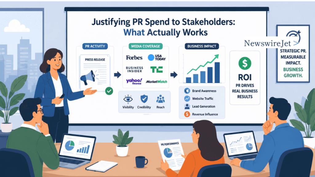 A business presentation on justifying PR spend to stakeholders using media coverage and measurable ROI data.