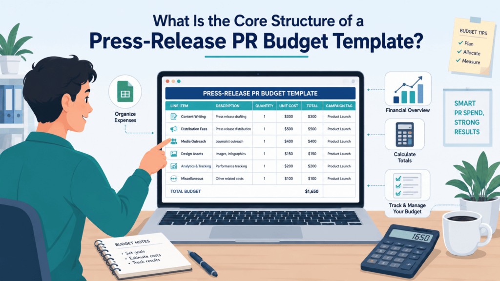 A professional reviewing pr budget templates for small business on a laptop showing line items and totals. 