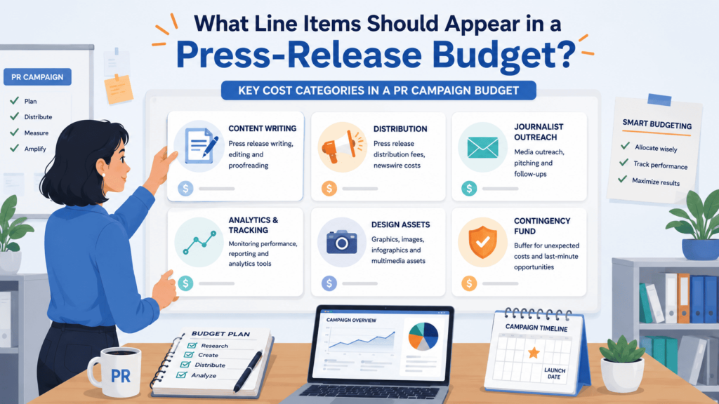A marketer presenting key cost categories included in pr budget templates for small business press release campaigns. 