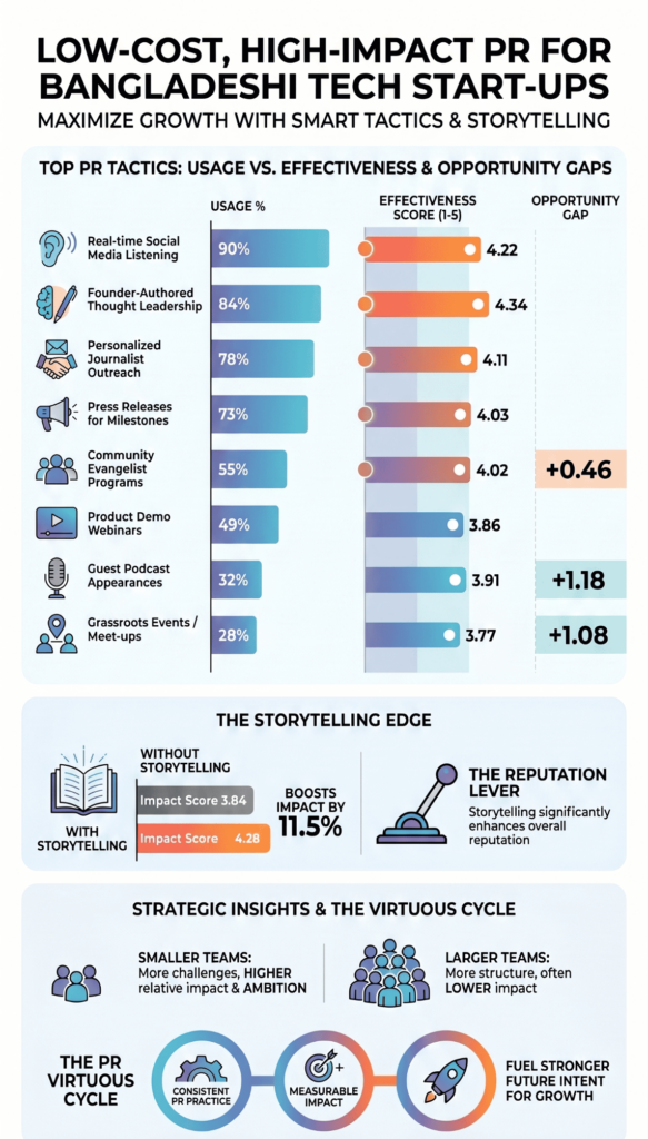 An infographic showing low-cost PR tactics and storytelling strategies using pr budget templates for small business growth. 