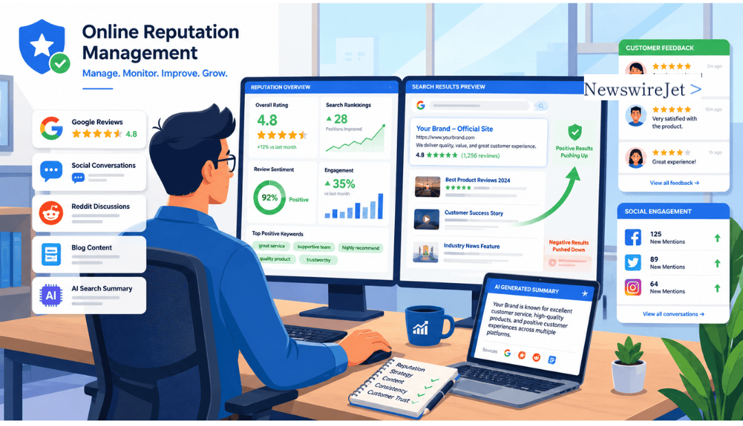 Marketer monitoring Online Reputation Management content management dashboard with Google reviews and social engagement metrics.